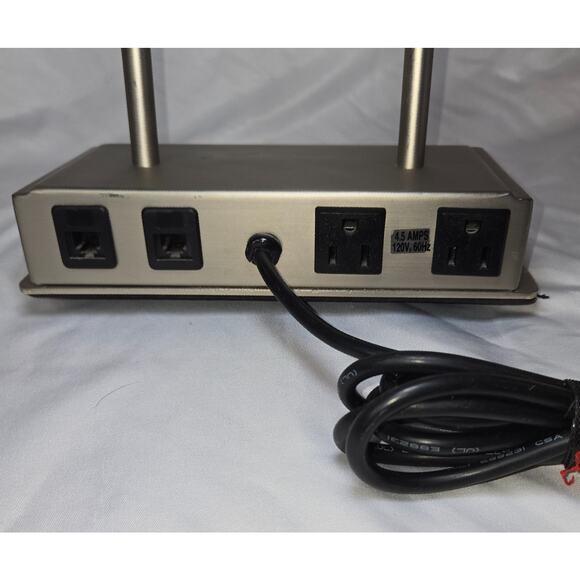 Vintage Art Deco Brushed Steel Tech Desk Lamp Outlet Plugs Phone Outlets Chrome - Picture 8 of 16